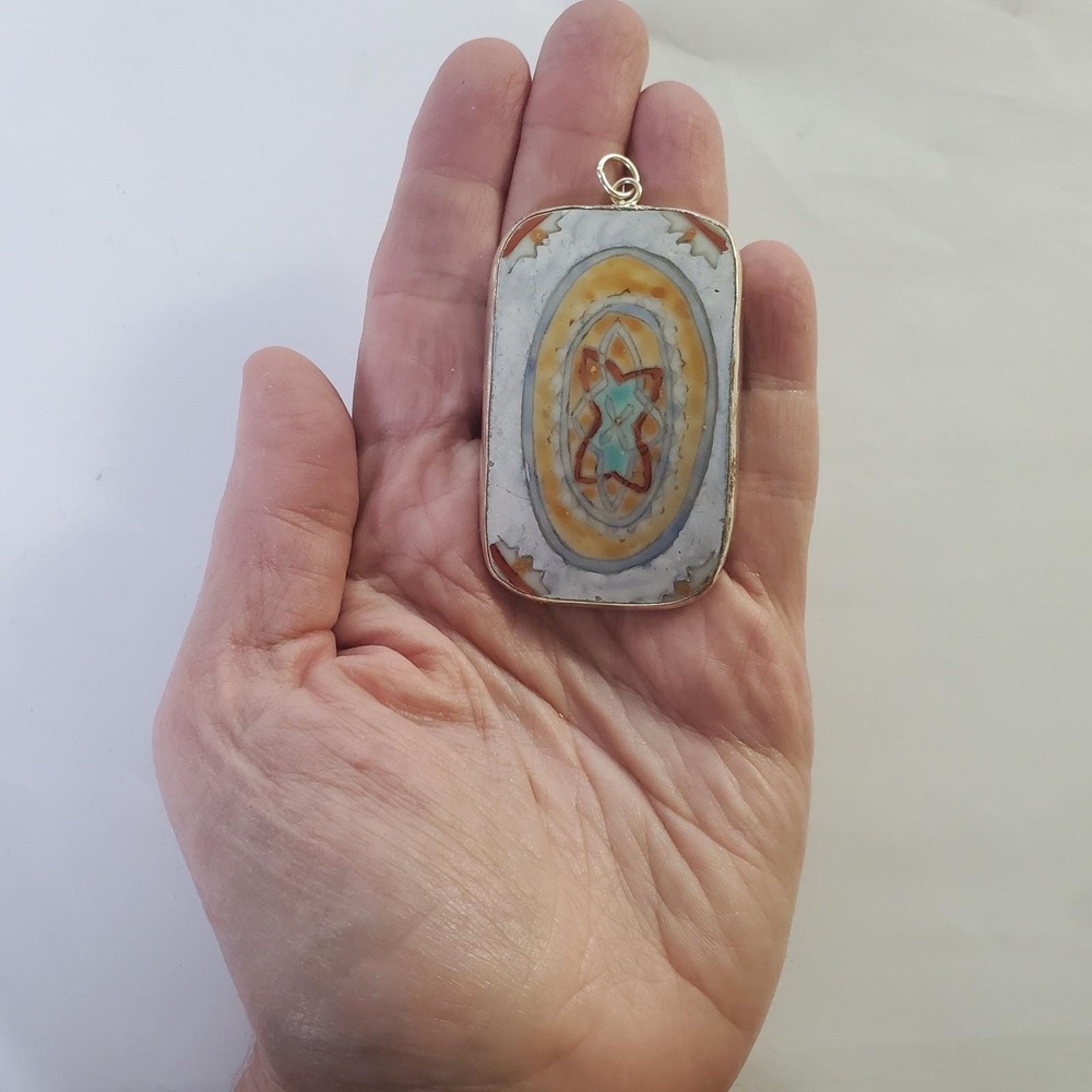 Mexican Tile Pottery Shard Pendant Large Vintage Hand Painted Talavera Focal - Picture 6 of 12
